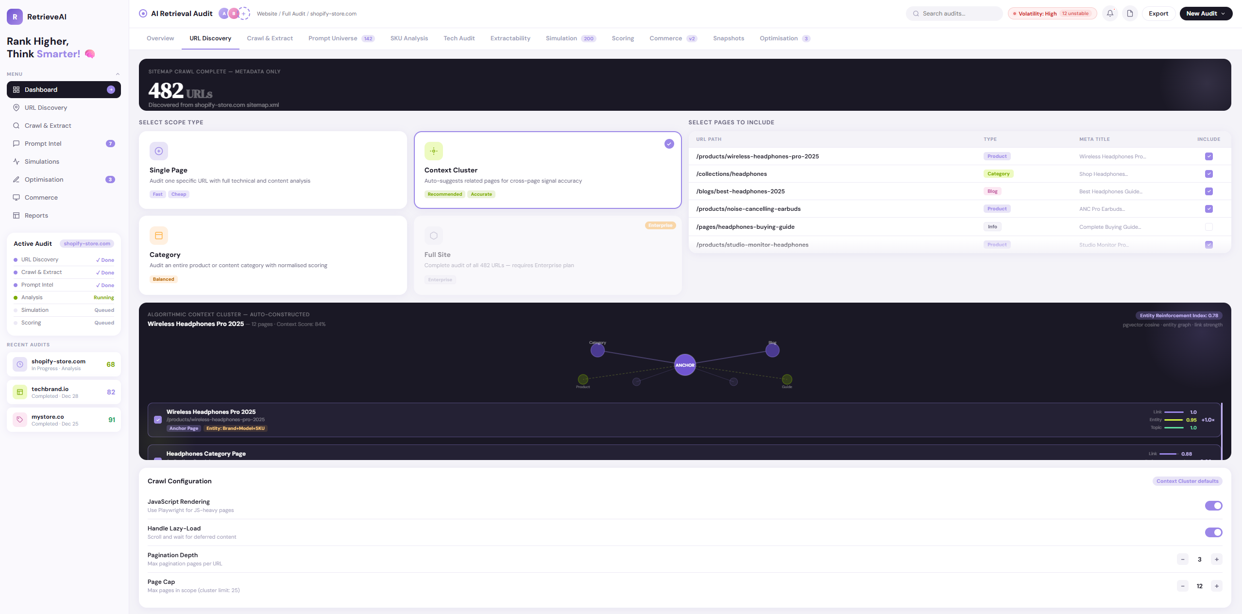 RetrieveAI Screen 3 — URL Discovery and Scope selection panel with crawl depth controls and scope type assignment